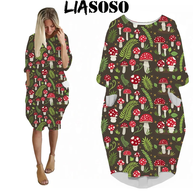 LIASOSO Plant Mushroom Print Sundress Lady Street Interesting Fashion Trend Wild Loose Long Sleeve Over The Knee Dress Women Y2K 05