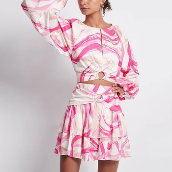 

2020 Summer Asymmetrical Print Design Women 2 Pieces Sets O-neck Short Style Sexy Top Empire Draped Ruffles Mini Skirts