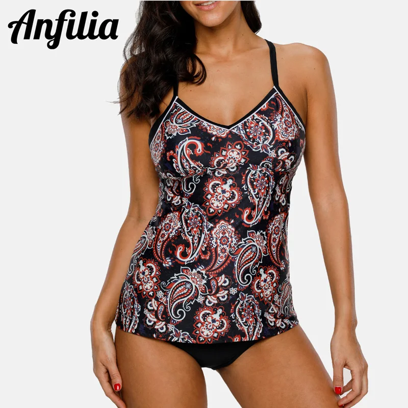 

Anfilia Women Two-piece Swimsuit Vintage Tankini Set Floral Print Swimwear Back Cross Bikini Bathing Suit Beach Wear