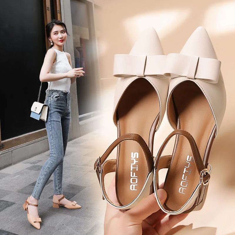 

2019 Summer New Style Pointed Toe Chunky Heel Bow WOMEN'S Sandals Outer Wear Semi-high Heeled Buckle Fashion WOMEN'S Shoes