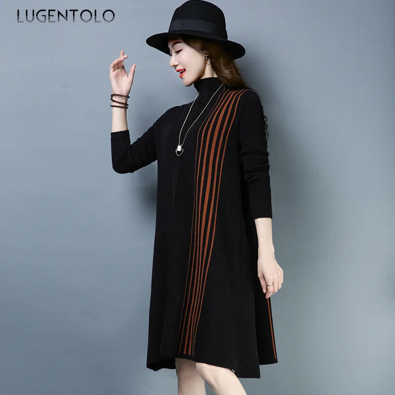 Lugentolo/женское платье; модное свободное платье с большим рукавом; средний размер Длинное свободное платье; сезон осень-зима; большие размеры; платье с высоким воротником