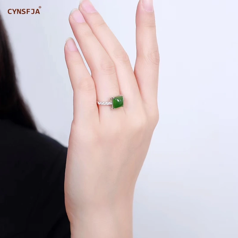 CYNSFJA настоящий Сертифицированный натуральный хотанская яшма 925 пробы серебряные ювелирные изделия зеленый нефрит кольца регулируемые высокое качество лучший подарок