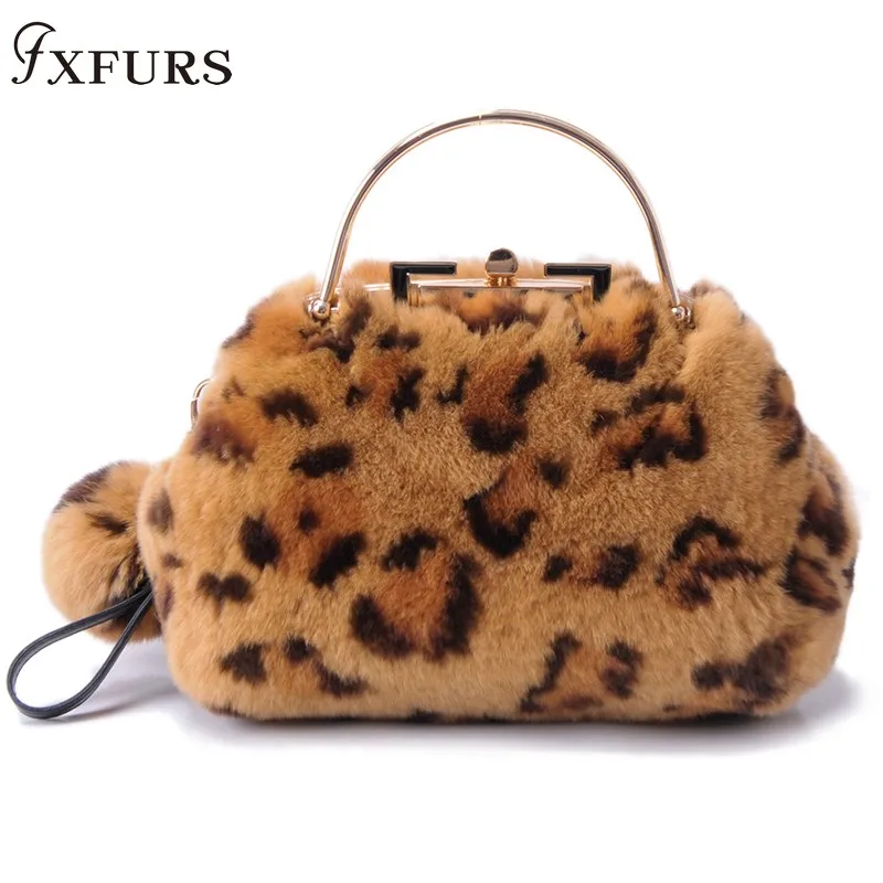 

2019 New Rex Rabbit Fur Handbags Clip Package Leopard Print Single Shoulder Fashion Chain Bag Girl Lover Winter Warm Fur Wrist