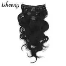 Isheeny 1" 16" 1" Remy темно-черный клип-in волосы для наращивания волнистые 7 шт./компл. клип в полной головке человеческие волосы