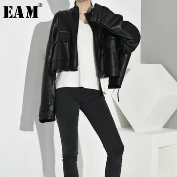 

[EAM] Loose Fit Overisize Pu Leather Drawstring Short Jacket New Lapel Long Sleeve Women Coat Fashion Spring Autumn 2020 JY7130