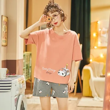 

Women's Pajama Suit Summer Cotton Short Sleeved Shorts Suit Korean-Style Spring Student Cartoon Thin Leisure Tops Pyjamas Women