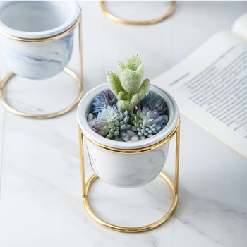 

Iron Rack Ceramic Flowerpot Simple Marbling Flowerpot Delicate Golden Iron Rack Plant Pot Creative Household Flower Pot Decor
