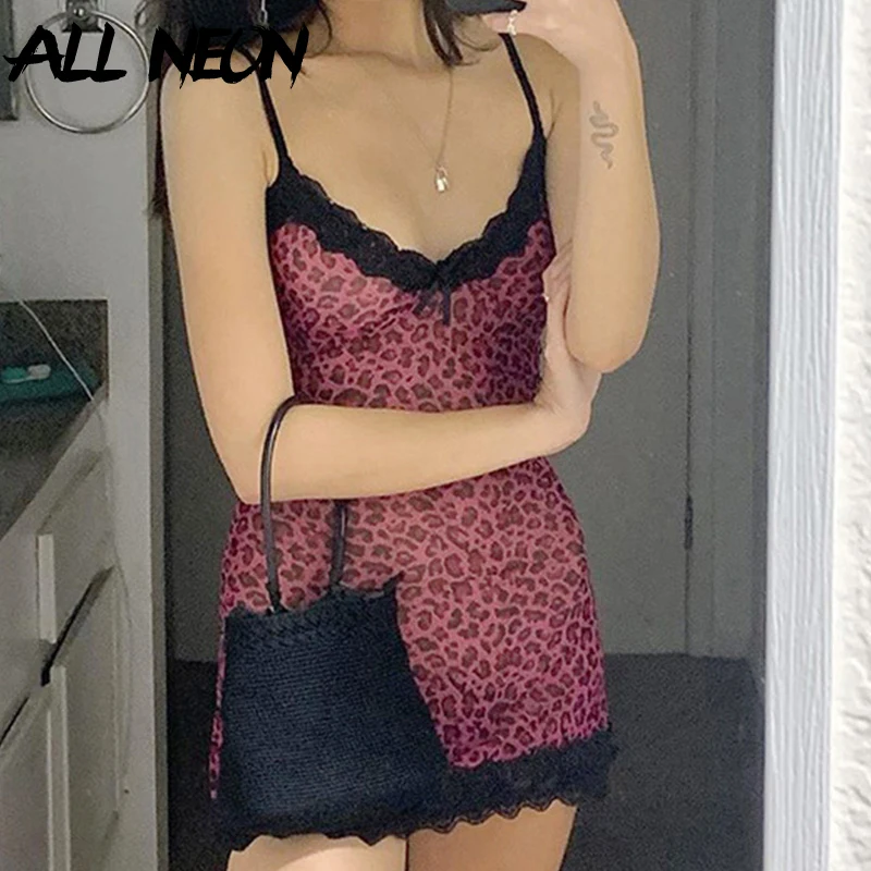 ALLNeon Y2K Aesthetics Lace Trim Leopard Printing Party Cami Dresses E-girl Spaghetti Strap V-neck Lace Hem A-line Mini Dress ALLNeon Y2K Aesthetics Lace Trim Leopard Printing Party Cami Dresses E-girl Spaghetti Strap V-neck Lace Hem A-line Mini Dress