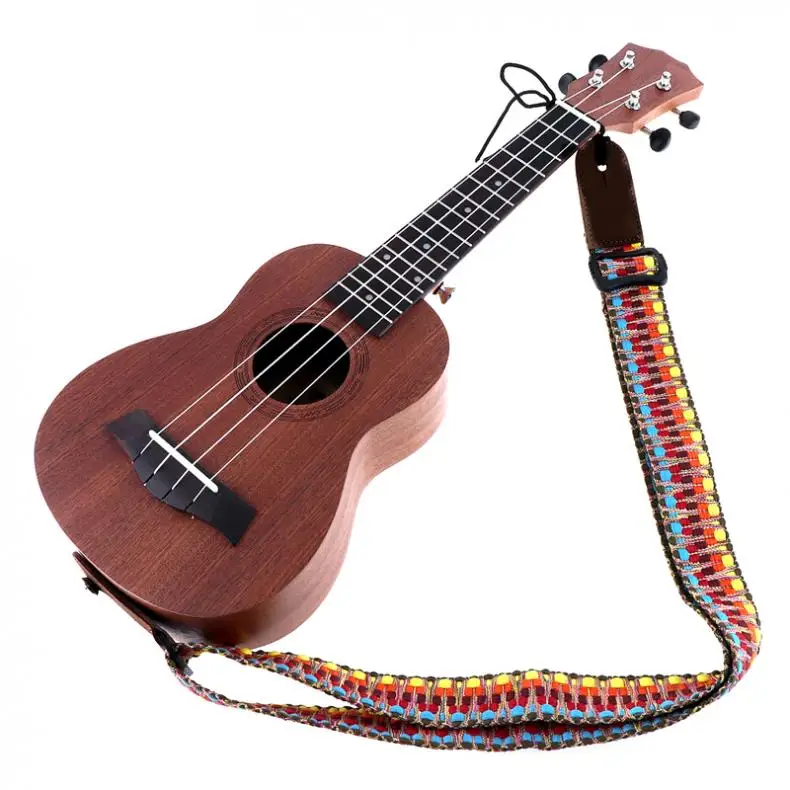 75- 130cm Adjustable Colorful Guitar/Ukulele Cotton Strap Embroidery Weaving style with Soft Genuine Leather Head