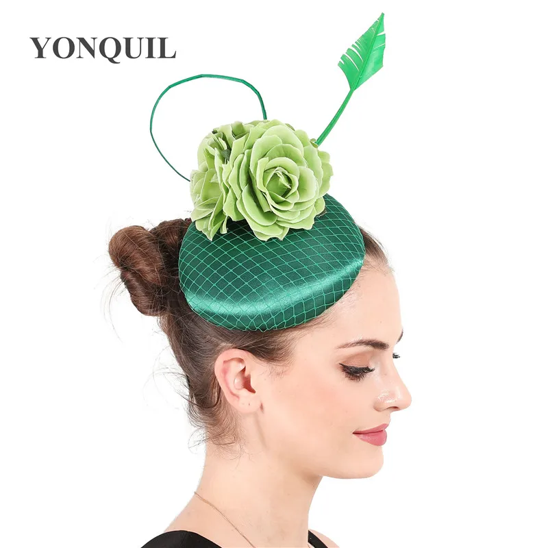 Green flower fascinartor wedding hat women headband fashion mesh fedora caps church occasion hair accessories bride headpiece