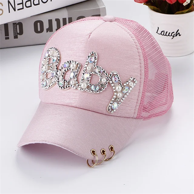 New High-Quality Fashion Butterfly Print Baby Cotton Baseball Cap With Brick Mosaic Ladies Beautiful Girl Hip-hop Mesh Hats Baby Pink - Net