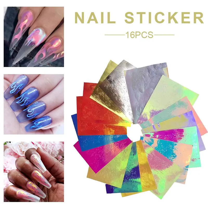 

16Pcs/set Laser Flame Design Nail Sticker Christmas Magic Nail Sequin Decals Nail Decoration Stickers Manicure Art Accessoires