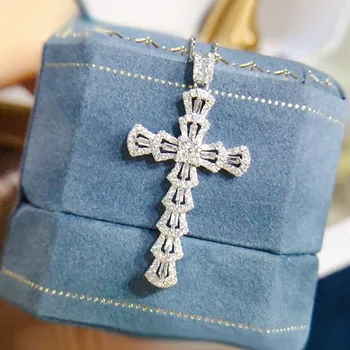 

Vintage Luxury Crystal Zircon Diamonds Gemstones Cross Pendant Necklaces for Women Girl White Gold Silver Color Choker Jewelry