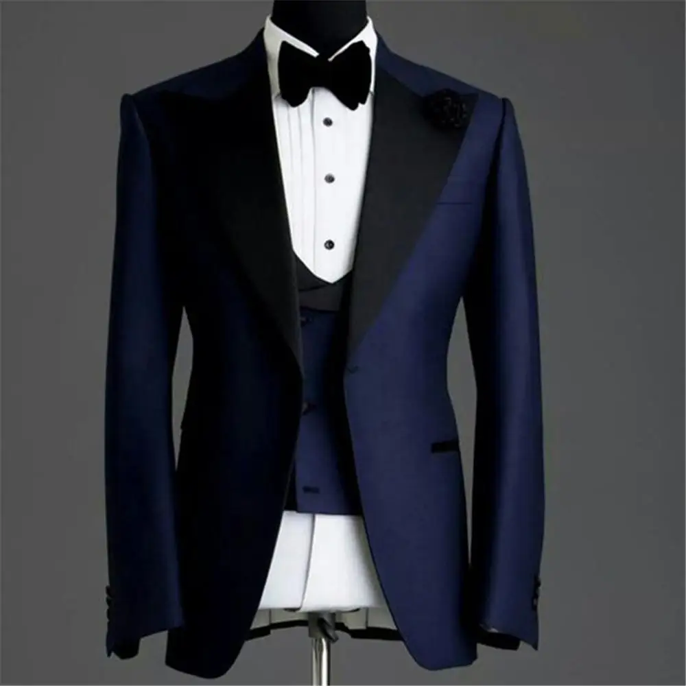 Navy Blue Slim fit Man Suits for Wedding Groom Tuxedos Black Peaked Lapel 3 Piece Male Suit Set Jacket Pants Vest Formal Style