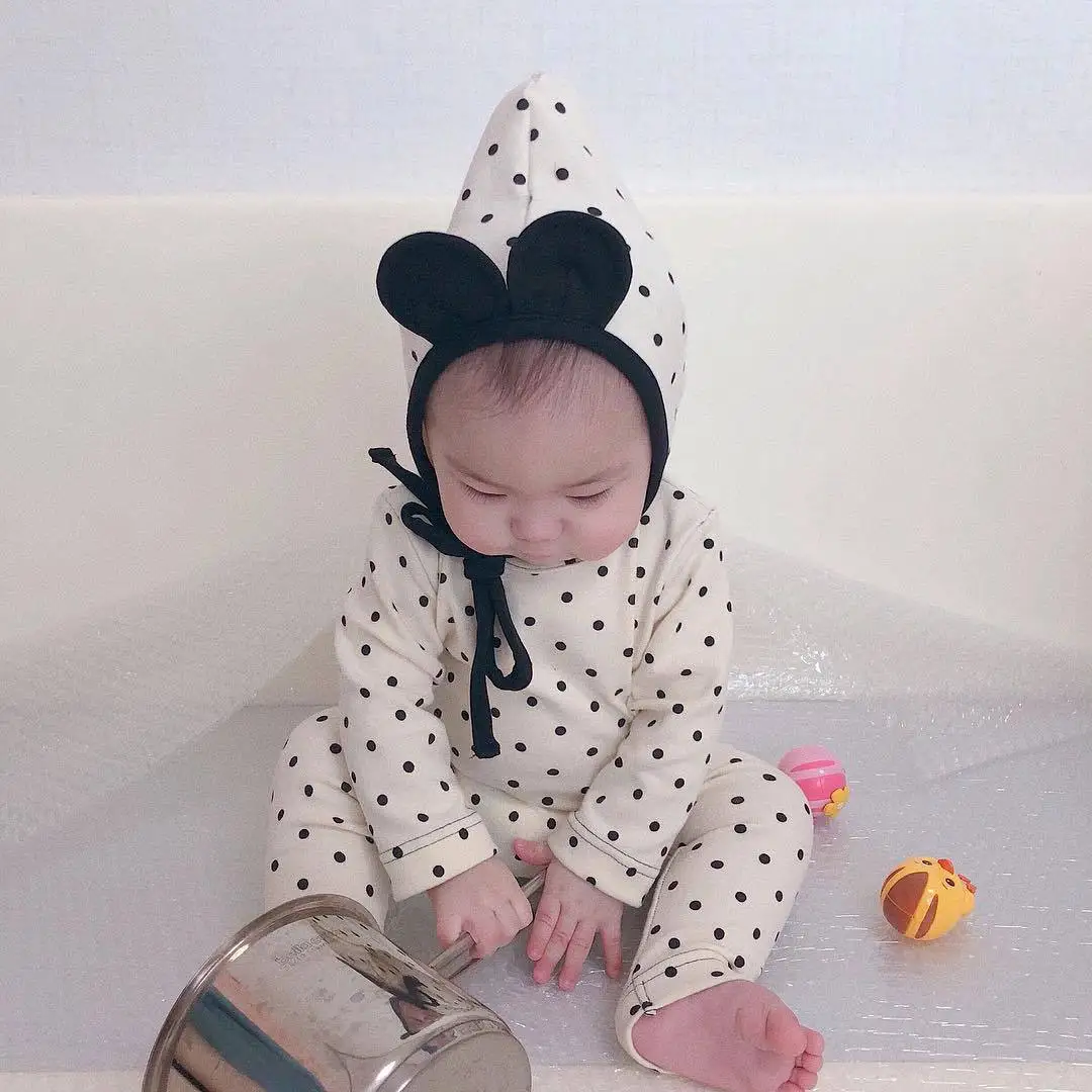 

3005 Dotted Baby Girls Three-piece Set Hat+t Shirt+pants 2019 Korean Autumn Girls Home Clothes Set Pajamas Set