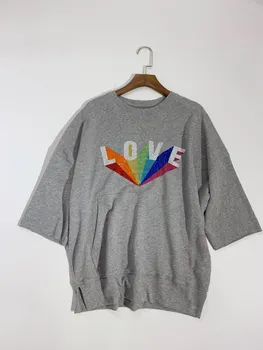 

Women T-shirt Casual Round Neck Letter Colorful Hot Rhinestone Simple Mid Sleeve Female T-shirt