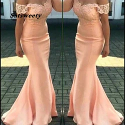 Custom Plus Size Sweetheart Off-Shoulder Applique Elastic Satin Woman Lady Mermaid Sleeveless Formal Gown Bridesmaid Dresses