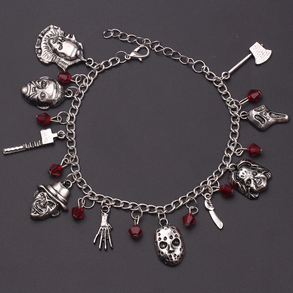 

Dropshipping 1pcs A Chucky Face Stephen Kings IT Penny Wise Jason Hockey Horror charm bracelet with Axe Sword Beads Accessories