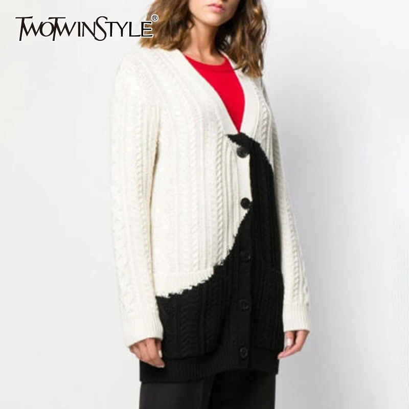 

TWOTWINSTYLE Korean Knitting Hit Color Women's Sweaters Long Sleeve V Neck Oversized Cardigans Female Autumn Fashion New 2019