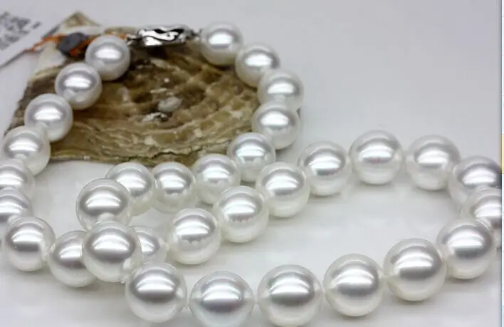Classic13-15mm Южное море Круглая Белая жемчужина ожерелье 1" серебро