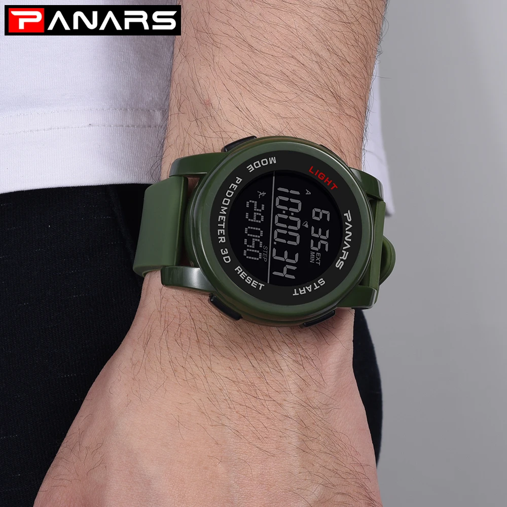 PANARS Mens Digital Watches Men's Sport Watch Dual Time Pedometer Alarm Clock 50M Waterproof Military Multifunction Reloj Hombre