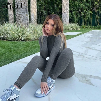 

FQLWL Long Sleeve Ladies Grey Black Sexy Bodycon Jumpsuit Women Elastic Skinny One Piece Summer Rompers Womens Jumpsuit Female