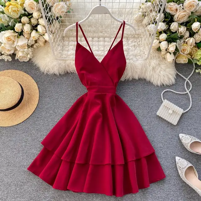 New Summer Spaghetti Strap Dress Female Sexy V Neck Backless High Waist Dress Ladys Red Yellow White Ball Gown Dress