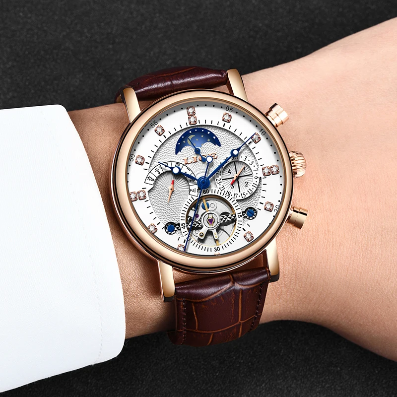Бренд lige Tourbillon модные часы в деловом стиле автоматические механические часы мужские повседневные Водонепроницаемые кожаные часы Relogio Masculino