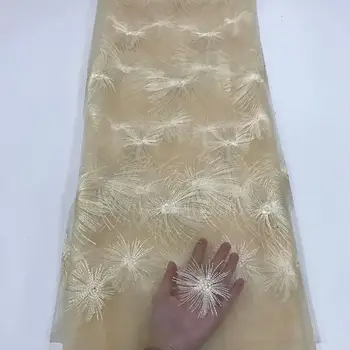 

NEW High Quality 2019 Tulle Feather tassels French Nigerian Lace Fabrics Beige Embroidered Guipure African 3d Lace Fabric 5yards
