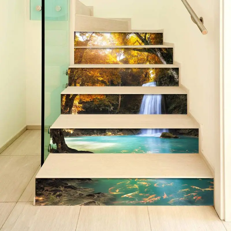 

6pcs/set 3D Waterfall Scenery Staircase Stair Riser Floor Sticker Self Adhesive DIY Stairway Waterproof PVC Wall Decal