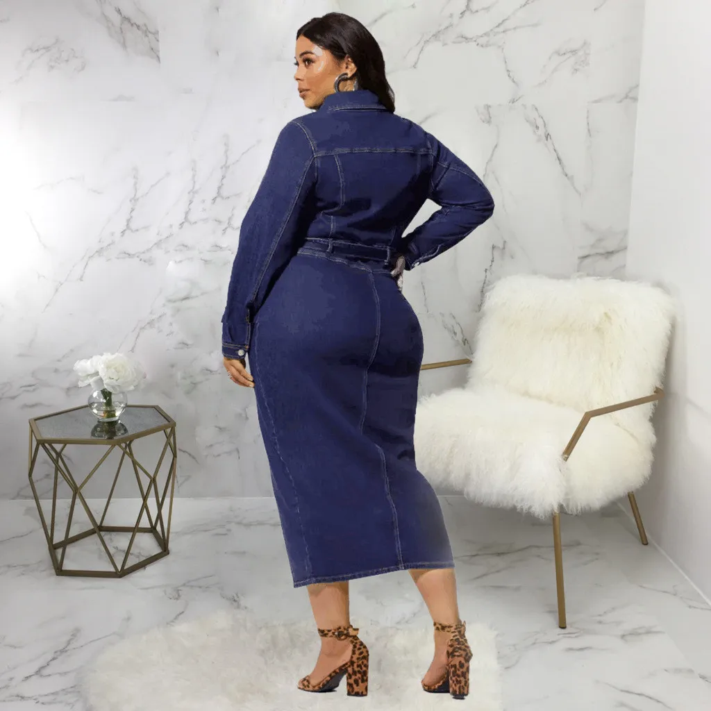 Best Price UZwvh Women Plus Size Denim Dress Spring Casual Long Sleeve Turn Down Neck Pockets Midi Dress Ladies Sashes Button Solid Dresses Robe