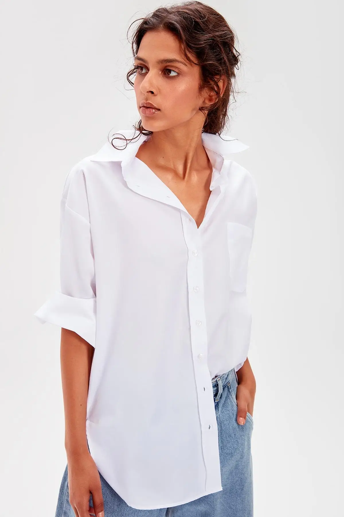 Koop Trendyol Wit Boyfriend Shirt TWOAW20GO0115