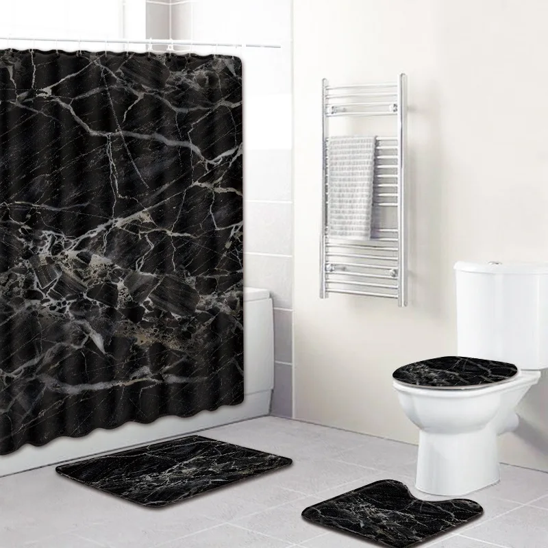

Black and White Marble Pattern Shower Curtain/Bath Mat/Toilet Pad Set Anti-slip Toilet Carpet Flannel Bath Mat 4 Pcs Christmas