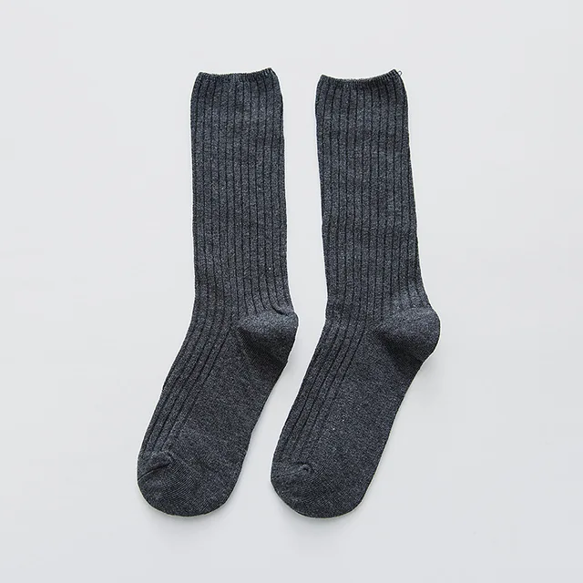 CHAOZHU Classic New Loose Socks Women 200 Needles Cotton Knitting Rib Solid Colors 14 Kinds of 4 Seasons Basic Daily Women Socks Dark Grey