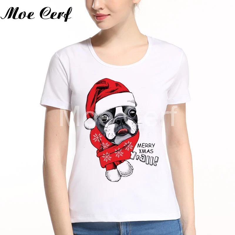 Hot New Christmas Clothes Christmas Elk French Bulldog Print T Shirt Femme Tee Short Sleeve Tops Tees Cute Harajuk Hipster Shirt