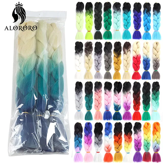Alororo Synthetic Kanekalon Hair 24 Inch Ombre Extensions Hair for Braids Afro Blue Pink Purple Crochet Braiding Hair Wholesale