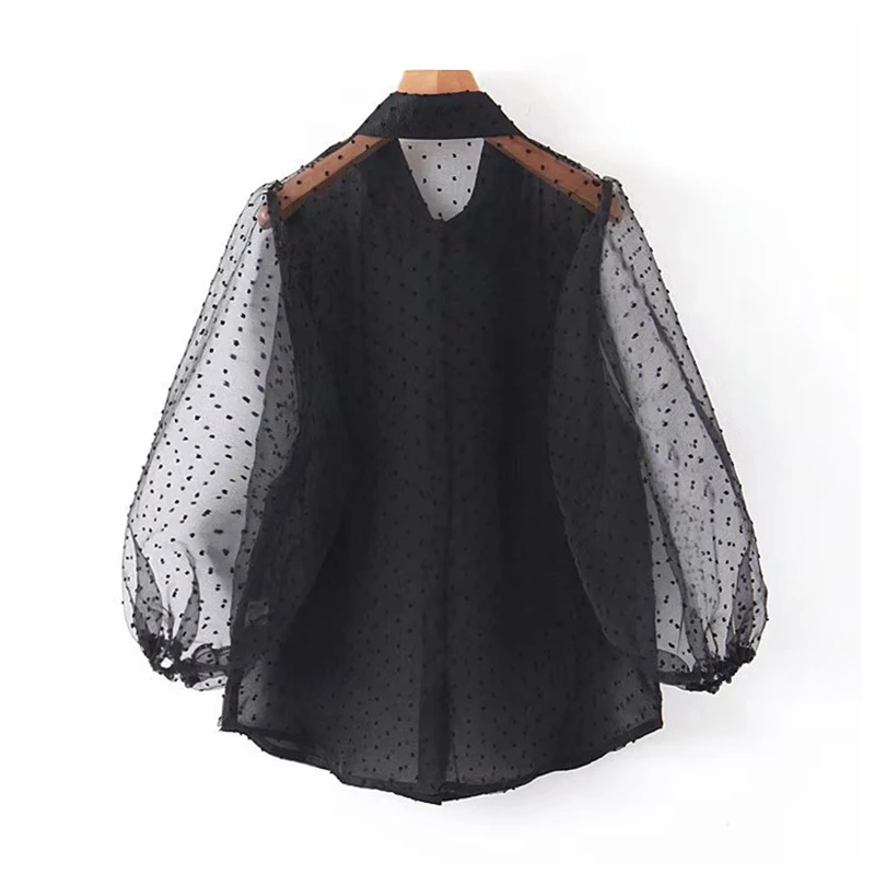 Женская элегантная блуза из органзы с вышивкой в горошек,, длинный рукав, черный прозрачный шикарный топ, Повседневная рубашка с отложным воротником, блузы