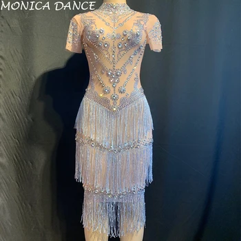 

Sexy Rhinestones Fringes Dress Lady Prom Evening Outfit Singer Dancer See Through Mesh Dress Birthday Tassel Net Dress