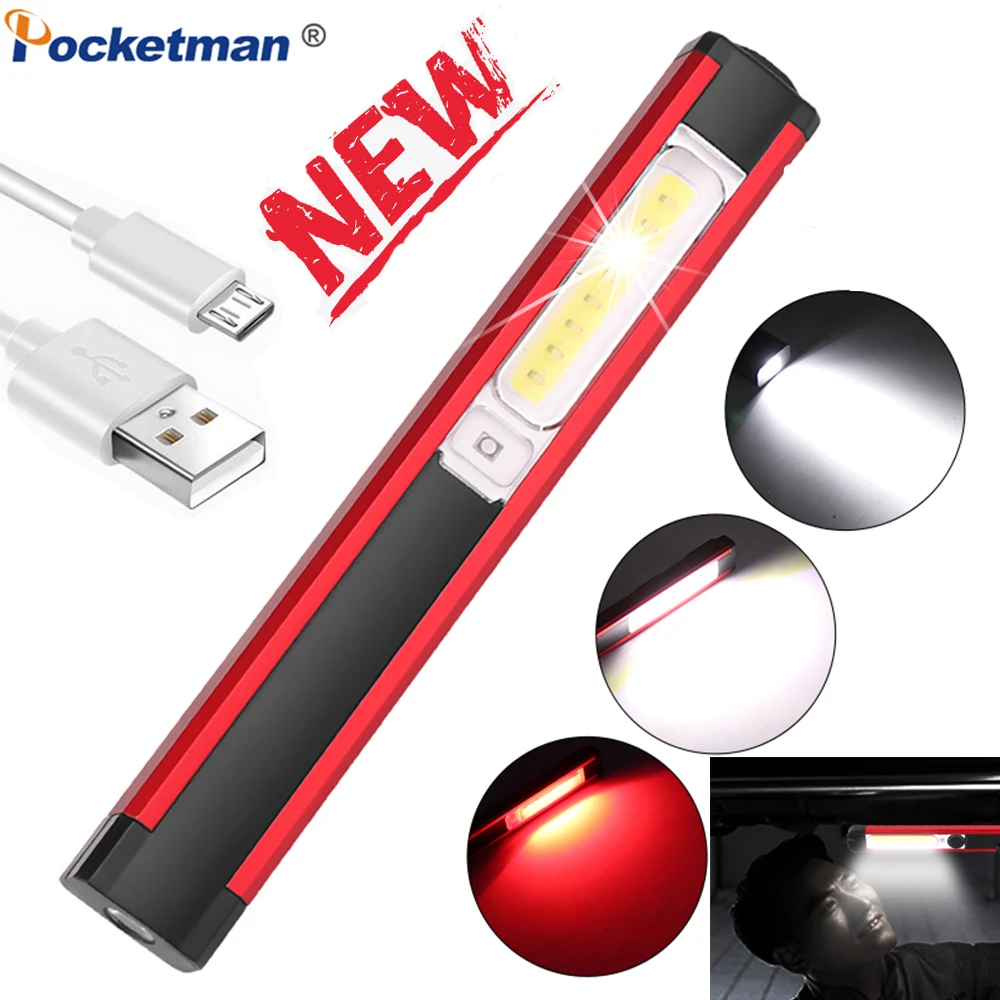 

2020 New Flashlight COB Work Light USB Rechargeable Magnetic Torch Flexible Inspection Light with Warning Light Red/White Light