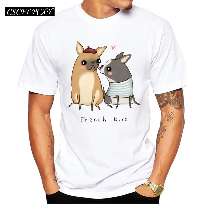 

2019 French Kiss Men T-Shirt Short Sleeve Casual Tops Hipster Lovely French Dog Printed Male Fashion T Shirts Funny Tee