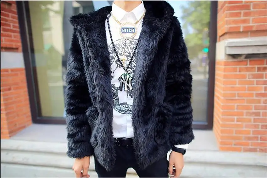 Winter Vetement men Vintage faux fur coat white skull pattern black rabbit fur warm hooded fur coat Plus Size Men Coat S-3XL