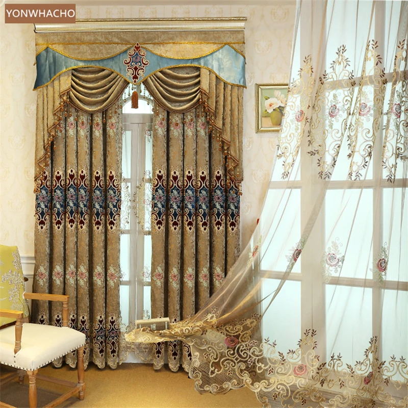 

Custom curtains velvet thick brown Chenille hollowed embroidered European cloth blackout curtain tulle valance drape B860
