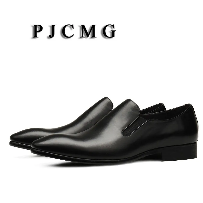 

PJCMG New Breathable Mens Business Elastic Black/Brown Pointed Toe Formal Dress Genuine Leather Wedding Oxfords Office Shoes