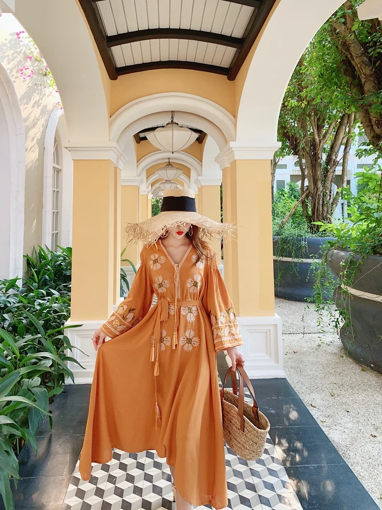 Женское длинное богемное пляжное платье boho осень длинное богемное платье для пляжного отдыха с вышивкой из хлопка и льна с расклешенными рукавами свободные vestidos