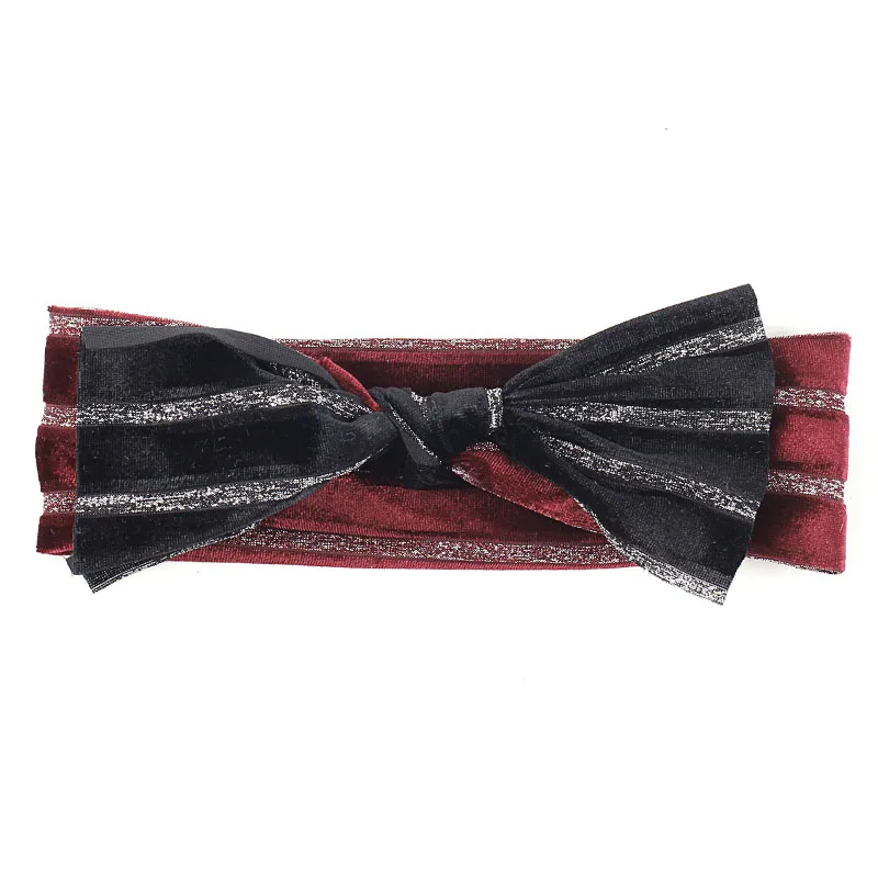 black wine red Geebro вельветовые повязки с узелком и бантиком в Серебряную Полоску для новорожденных девочек, мягкая хлопковая повязка на голову - Цвет: black wine red
