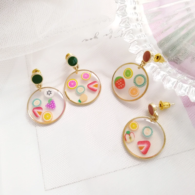 Cute Romantic earrings for women Round transparent resin fruit stud earrings female contracted beautiful girl earrings jewelry