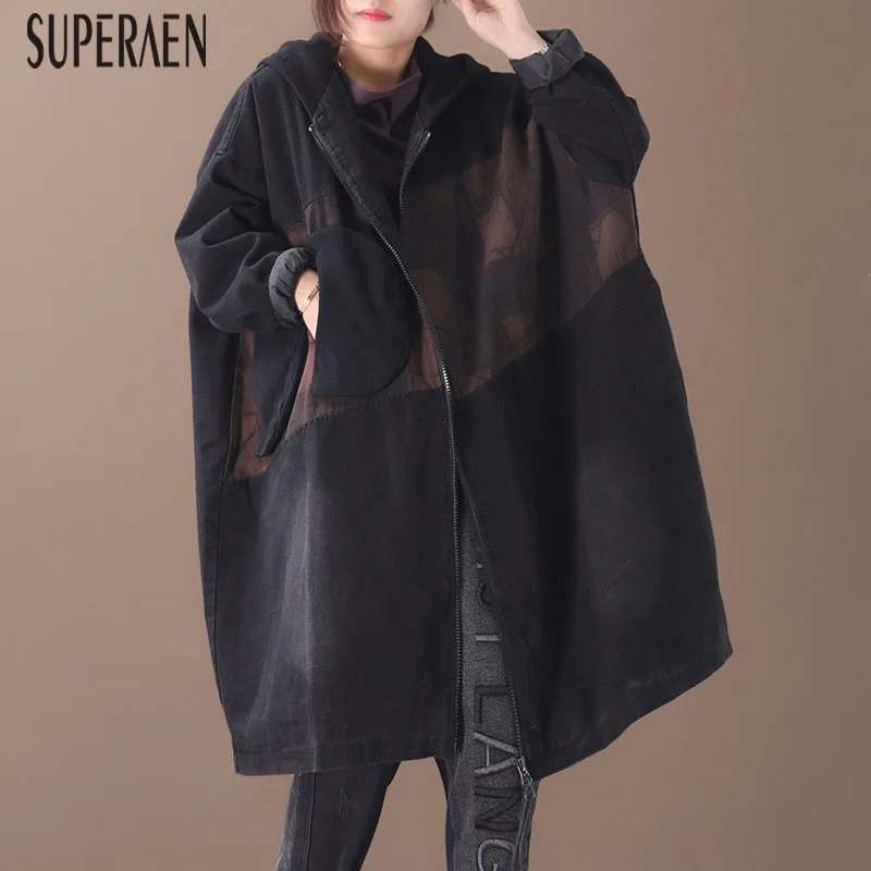 SuperAen, зима, новинка, корейский стиль, теплые парки, пальто для женщин,, свободный, плюс размер, с капюшоном, деним, для девушек, парки, пальто, модное, повседневное