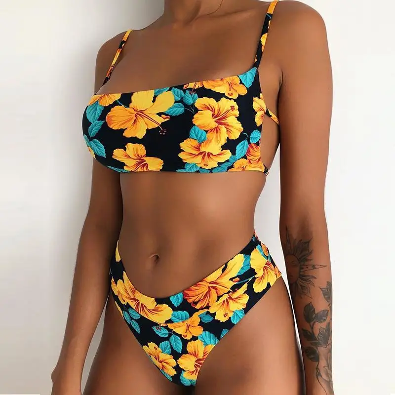 

Flowers bikinis 2019 mujer bathers female Strip bikini set Bandage sexy swimsuit Brazilian Backless swimwear bathing suit XL