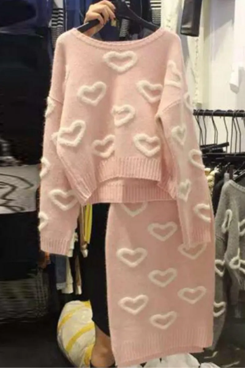 Neploe, розовый вязаный костюм, Осень-зима, Женский жаккардовый свитер с сердечком+ юбка до колен с эластичной талией, комплект из 2 предметов, 55459