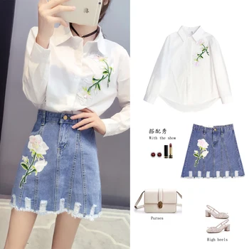 

2020 Spring New Women's Two-piece Set Korean Casual White Rose Embroidered Sequin Shirt + Denim Skirt Female Suit Office Lady